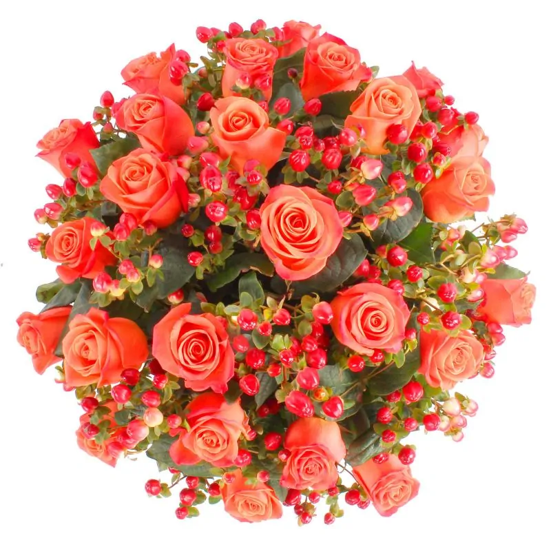 Foto 4 Antonia Naranjo - Arreglo floral en florero con 24 rosas naranjo e hypericum