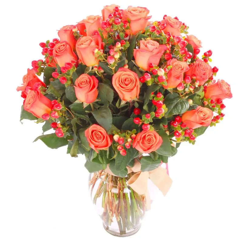 Foto 3 Antonia Naranjo - Arreglo floral en florero con 24 rosas naranjo e hypericum