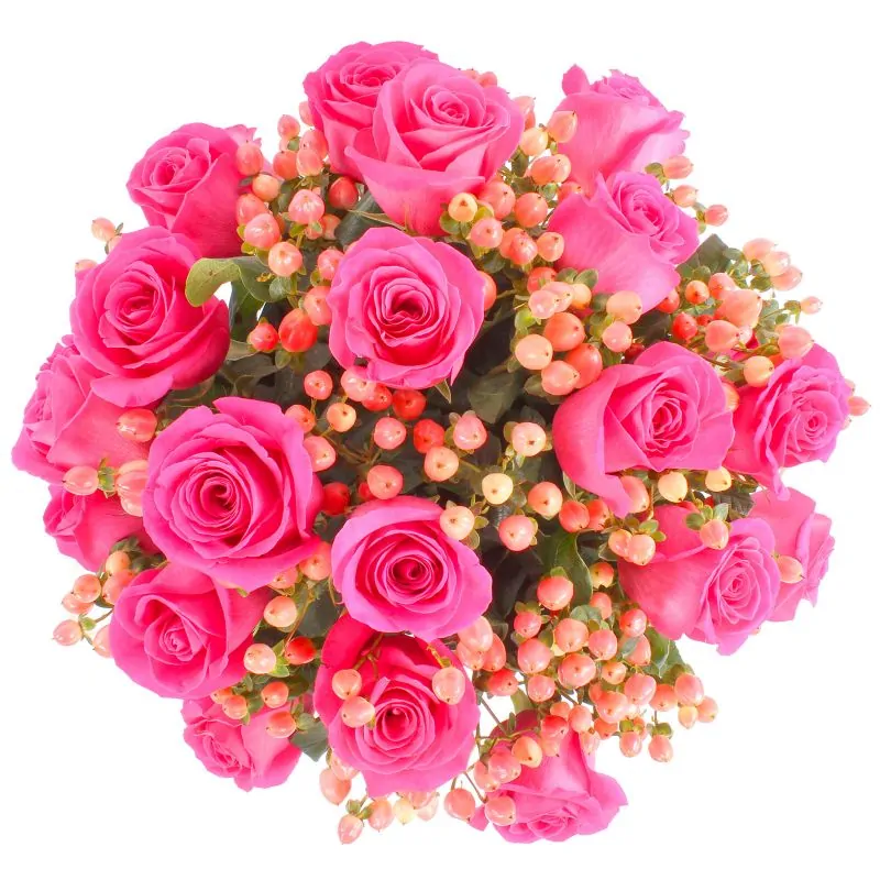 Foto 4 Antonia Fucsia - Arreglo floral en florero con 24 rosas fucsia e hypericum rosado