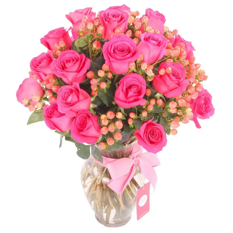 Foto 3 Antonia Fucsia - Arreglo floral en florero con 24 rosas fucsia e hypericum rosado