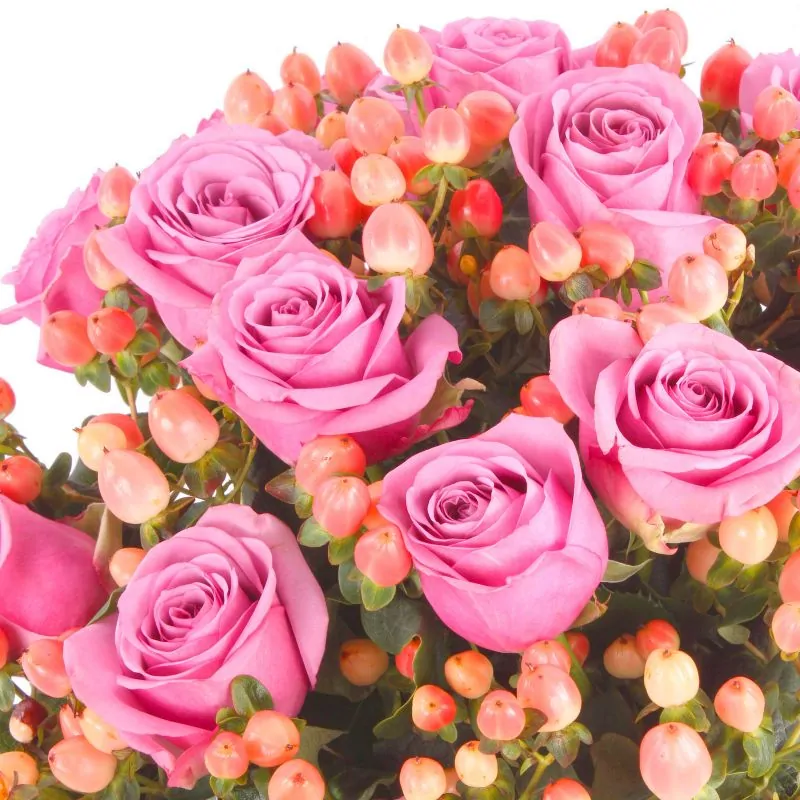 Foto 5 Antonia Lila - Arreglo floral en florero con 24 rosas lilas e hypericum rosado