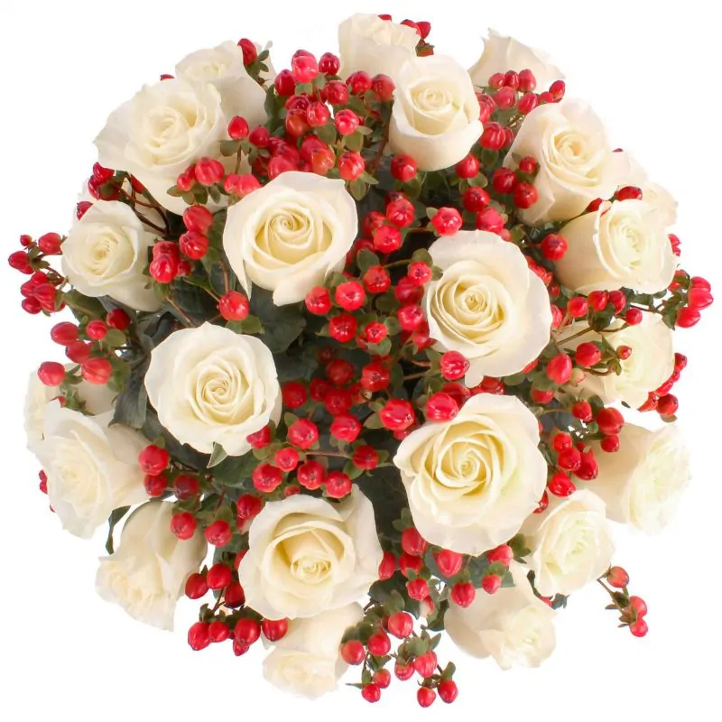 Foto 4 Antonia Blanco - Arreglo floral en florero con 24 rosas blancas e hypericum rojo