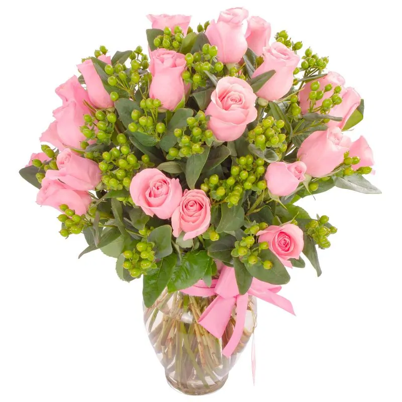 Foto 3 Antonia Rosado - Arreglo floral en florero con 24 rosas rosadas e hypericum verde