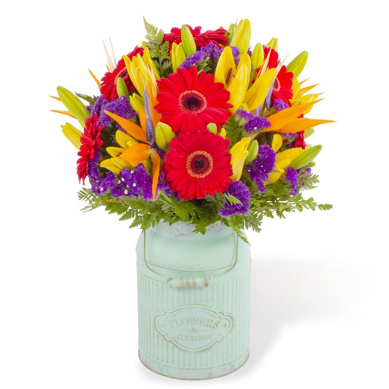 Abril Garden - Arreglo floral con gerberas rojas, liliums amarillos, aves del paraíso y statice morado Abril Garden - Arreglo floral con gerberas rojas, liliums amarillos, aves del paraíso y statice morado