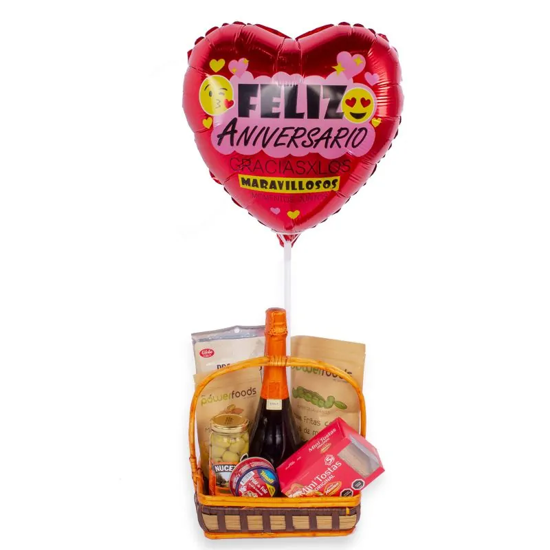 Canasto Feliz Aniversario - Canasto de regalo de aniversario con espumante, snacks de picoteo y globo