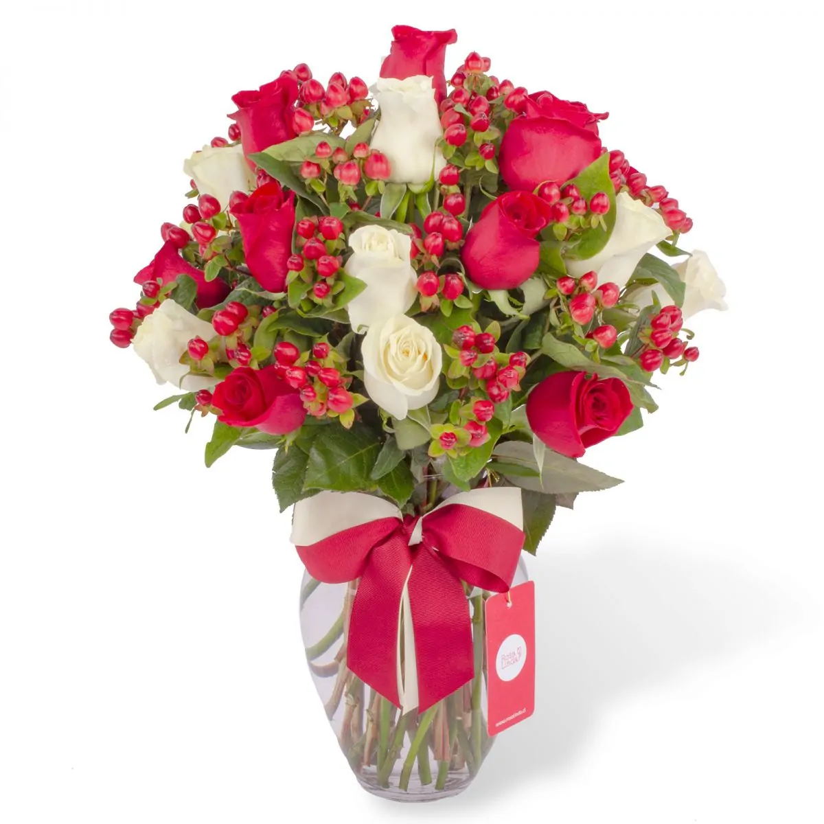 Foto principal Antonia Blanco-Rojo - Arreglo floral en florero con mix de 24 rosas blancas y rojas, e hypericum rojo