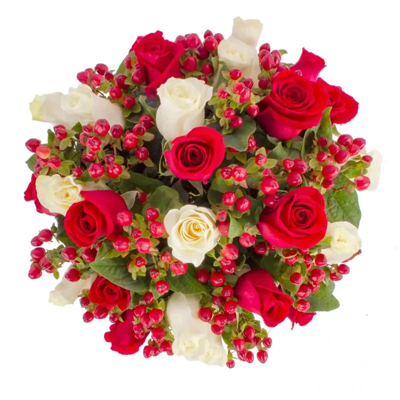 Foto 4 Antonia Blanco-Rojo - Arreglo floral en florero con mix de 24 rosas blancas y rojas, e hypericum rojo