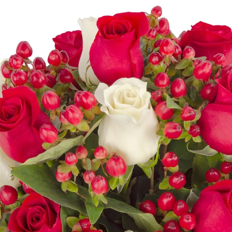 Foto 5 Antonia Blanco-Rojo - Arreglo floral en florero con mix de 24 rosas blancas y rojas, e hypericum rojo