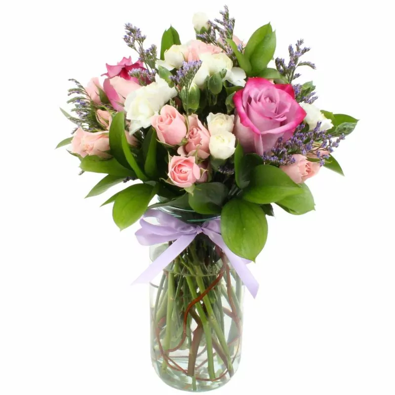 Noelia Lila - Florero pequeño con Rosas, mini rosas, mini claveles y limonium