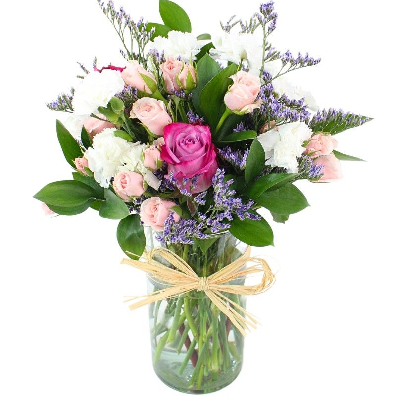 Noelia Lila - Florero con Rosas, mini rosas, mini claveles y limonium Noelia Lila - Florero con Rosas, mini rosas, mini claveles y limonium