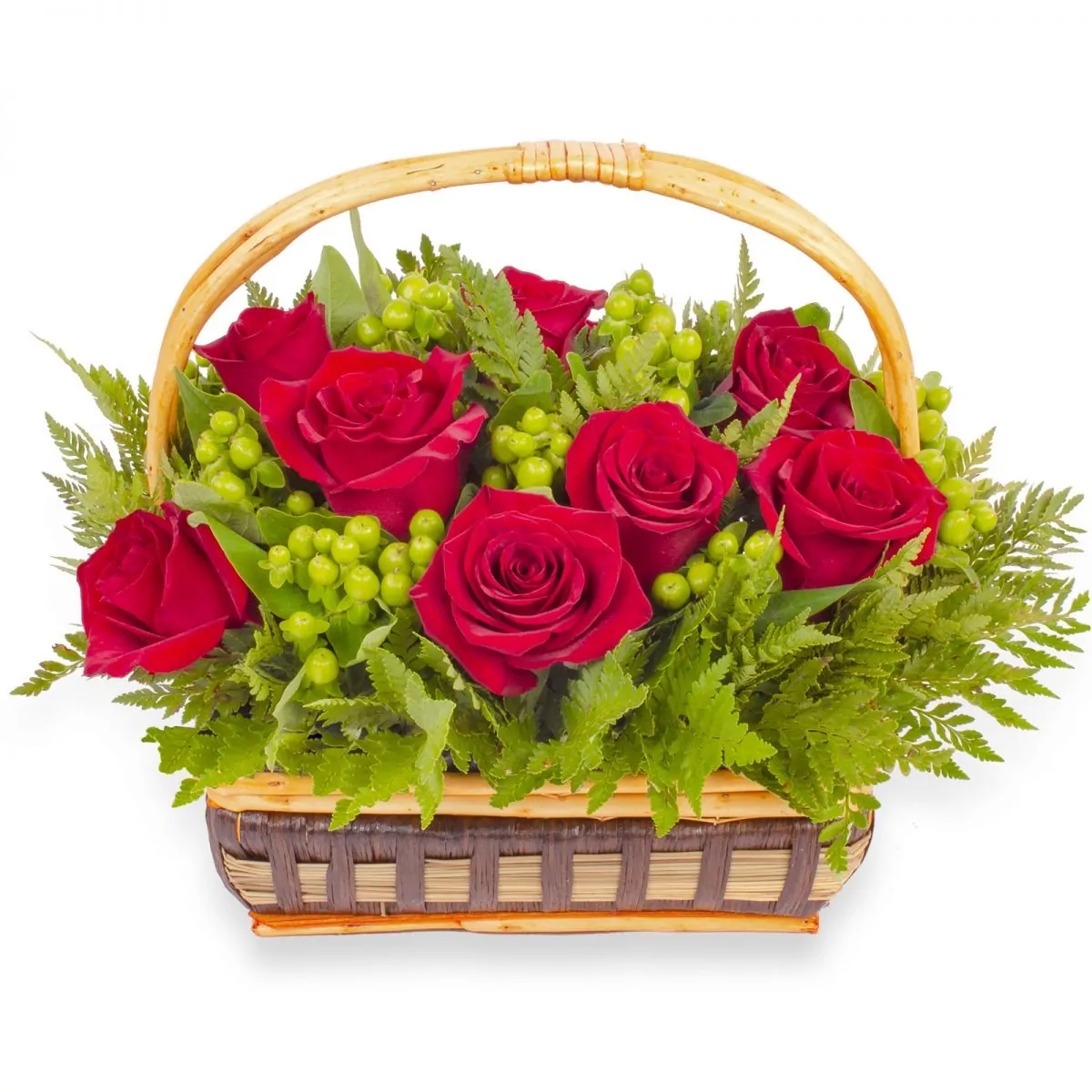 Foto principal Ternura Rojo - Canasto con rosas rojas e hypericum verde