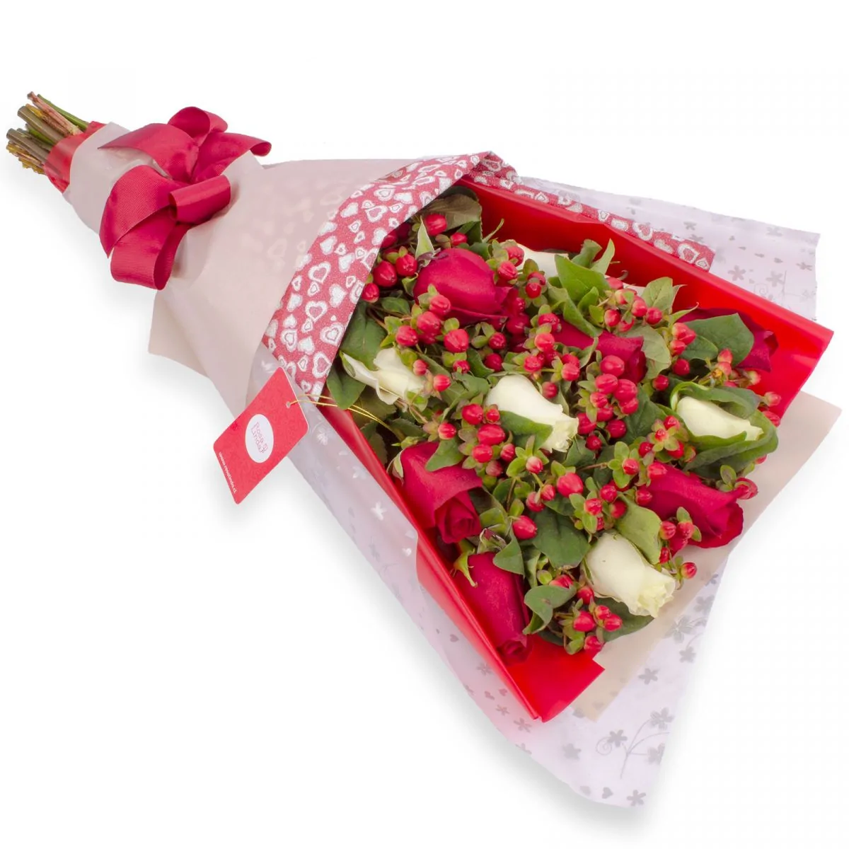 Foto principal Ramo de Rosas - Ramo extendido con mix de 12 rosas blancas y rojas e hypericum