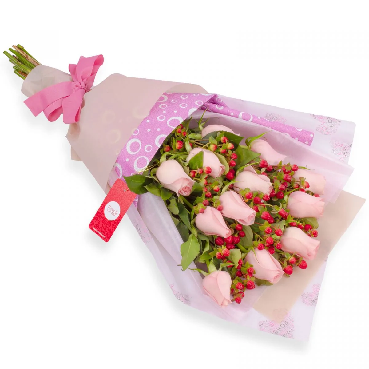 Foto principal Ramo de rosas - Ramo extendido con 12 rosas rosadas e hypericum rojo