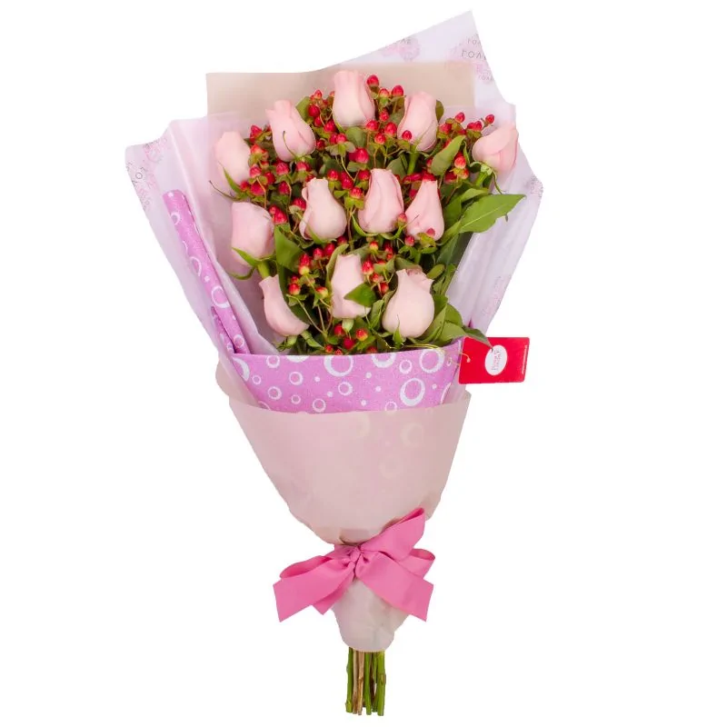 Foto 3 Ramo de rosas - Ramo extendido con 12 rosas rosadas e hypericum rojo
