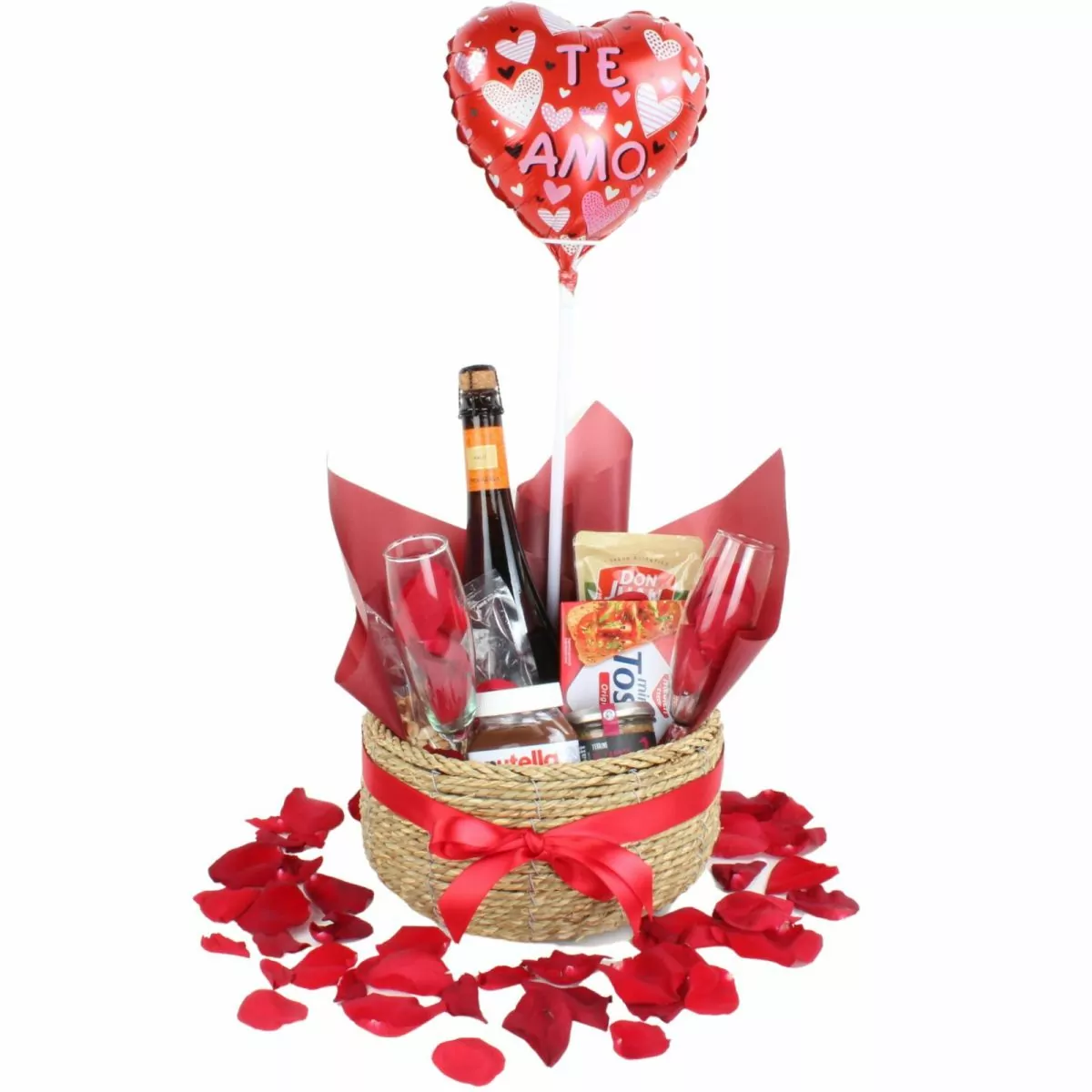 Foto principal Canasto de amor - Set de regalo en canasto con espumante, copas, picoteo y pétalos de rosa