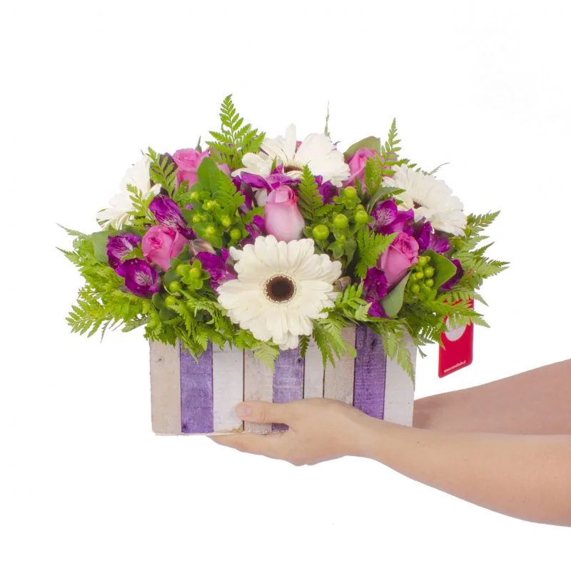 Foto 2 Josefa Lila - Arreglo floral con gerberas blancas, rosas ecuatorianas lilas, astromelias moradas e hypericum verde