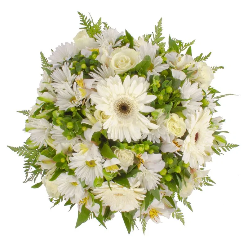 Foto 3 Antonella Blanco - Arreglo floral en florero de copa con rosas, gerberas, astromelias y maules color blanco
