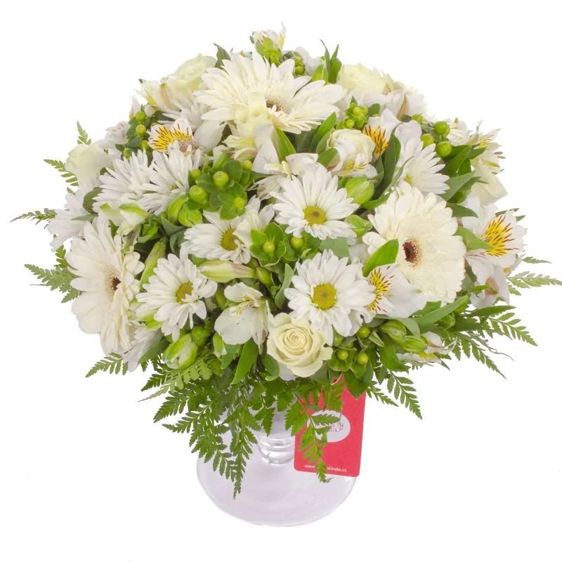 Foto 4 Antonella Blanco - Arreglo floral en florero de copa con rosas, gerberas, astromelias y maules color blanco