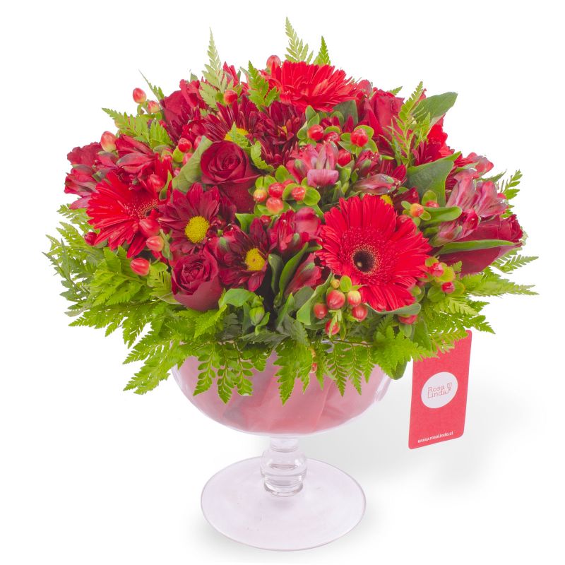 Antonella Rojo - Arreglo floral en florero de copa con rosas, gerberas, astromelias y maules Antonella Rojo - Arreglo floral en florero de copa con rosas, gerberas, astromelias y maules