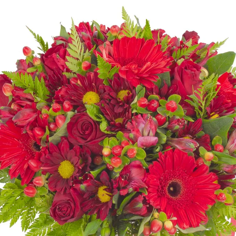 Foto 5 Antonella Rojo - Arreglo floral en florero de copa con rosas, gerberas, astromelias y maules