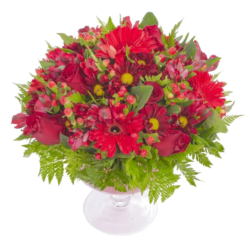 Foto 3 Antonella Rojo - Arreglo floral en florero de copa con rosas, gerberas, astromelias y maules