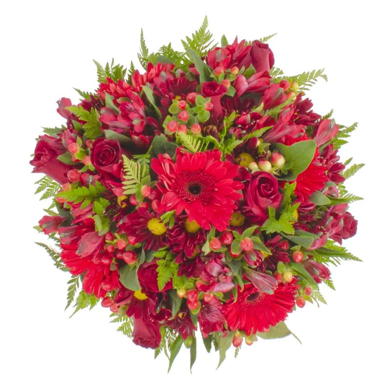Foto 4 Antonella Rojo - Arreglo floral en florero de copa con rosas, gerberas, astromelias y maules