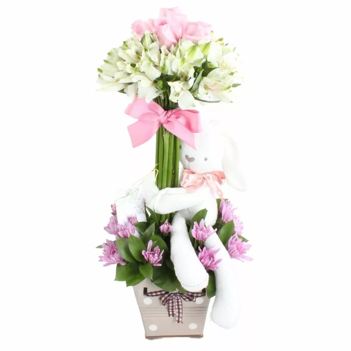 Foto principal Arbolito con peluche conejita blanca - Arreglo floral con rosas rosadas, astromelias y maules
