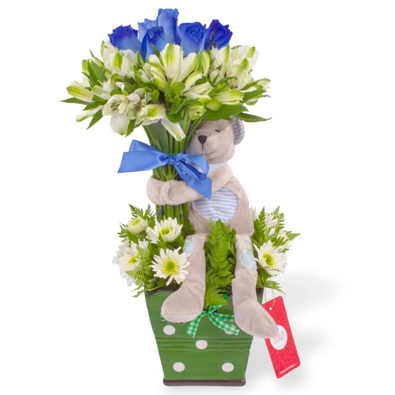 Arbolito con peluche Osito - Arreglo floral con rosas azules, astromelias y maules
