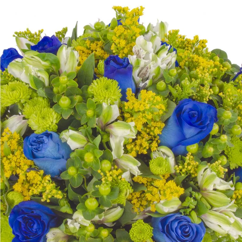 Foto 5 Antonella Azul - Arreglo floral en florero de copa con rosas azules, astromelias blancas, maules verdes y solidago amarillo