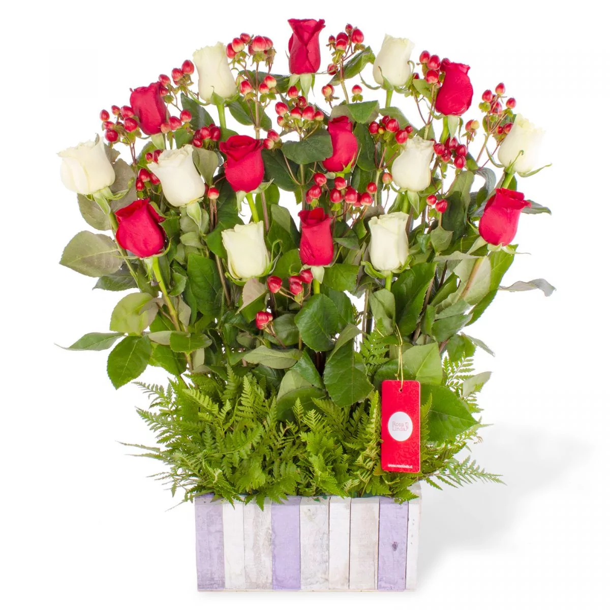 Foto principal Jardín de Rosas Mix Blanco/Rojo - Arreglo floral con 16 rosas rojas y blancas e hypericum rojo