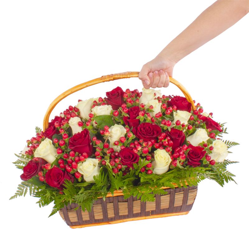 Foto con persona Arreglo floral en canasto con mix 50 rosas blanco/rojo e hypericum rojo - Flores a domicilio Foto con persona Arreglo floral en canasto con mix 50 rosas blanco/rojo e hypericum rojo - Flores a domicilio
