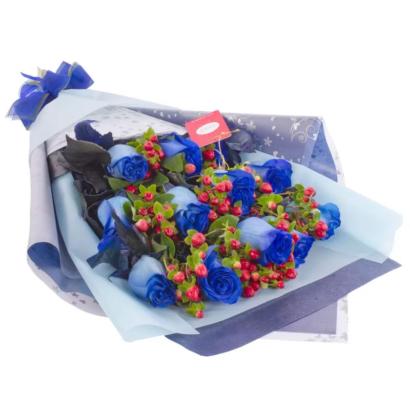 Foto 4 Ramo de Rosas - Ramo extendido con 12 rosas azules e hypericum rojo