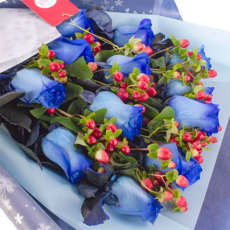 Foto 5 Ramo de Rosas - Ramo extendido con 12 rosas azules e hypericum rojo