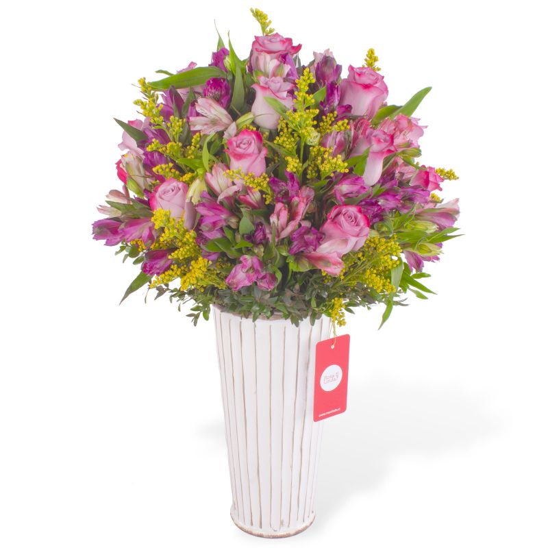 Ángel Lila en Columna - Rosas lilas y astromelias Ángel Lila en Columna - Rosas lilas y astromelias