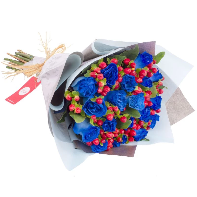 Foto 3 Ramo de rosas con Hypericum - Ramo circular con 18 rosas azules e hypericum rojo