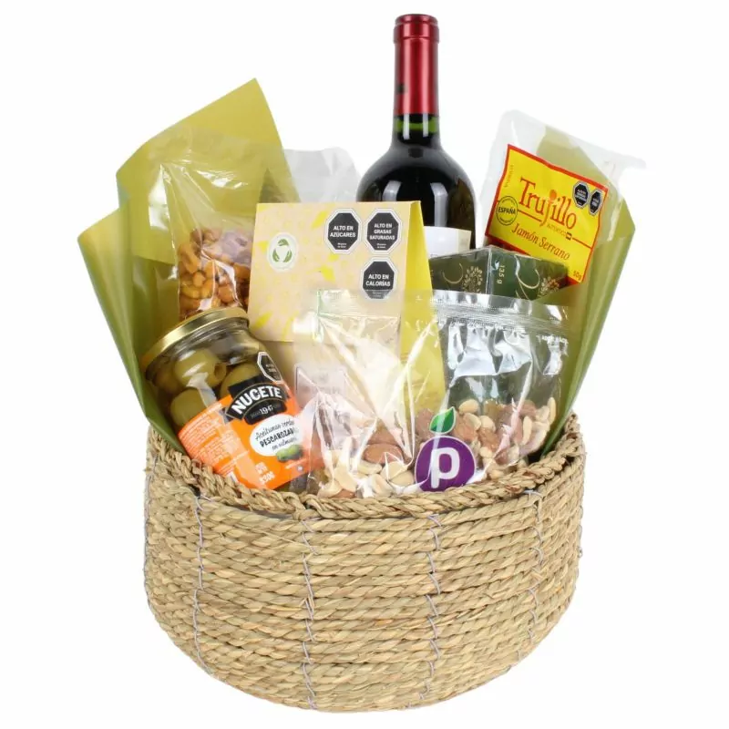 Set de Regalo Canasto de Vino - Canasto circular con vino, chocolates y picoteo