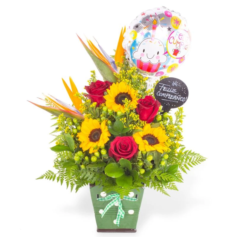 Cumpleaños Mágico Rosas Rojas - Arreglo floral de cumpleaños en base de cerámica verde con globo, pizarra, rosas rojas, girasoles y aves del paraíso