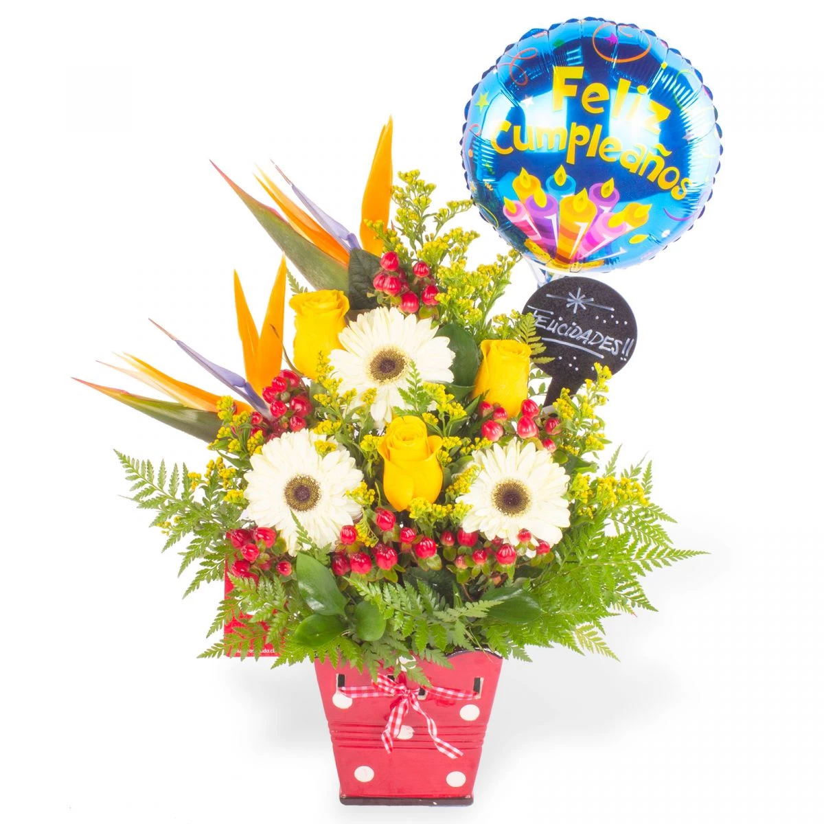 Foto principal Cumpleaños Mágico Rosas Amarillas - Arreglo floral de cumpleaños con globo, pizarra, rosas amarillas, gerberas y aves del paraíso