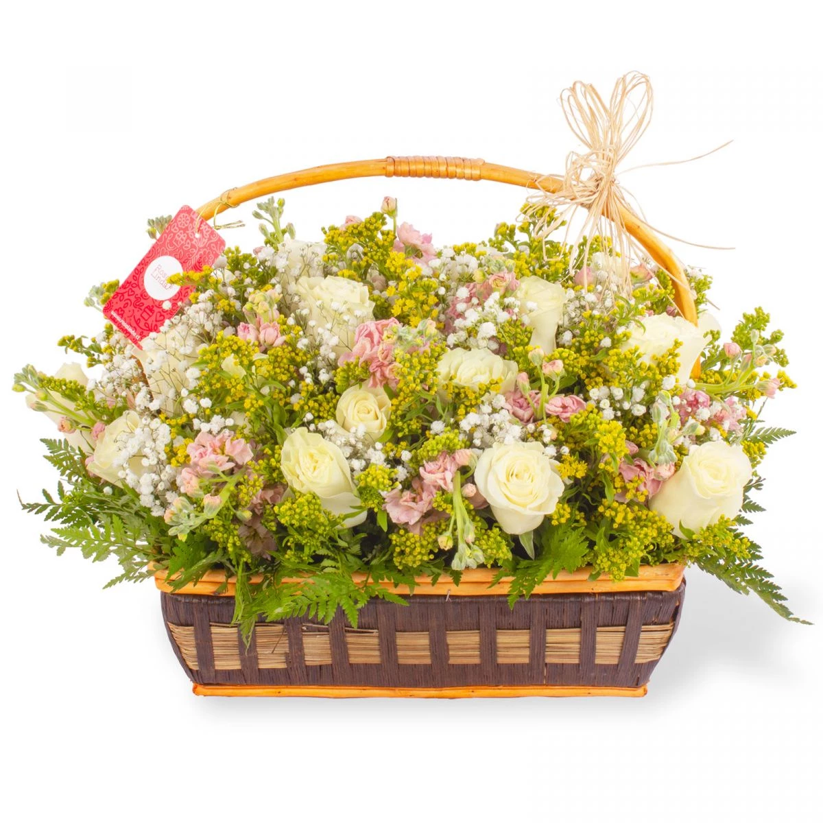 Foto principal Elizabeth - Arreglo floral en canasto de mimbre con rosas blancas, alelíes rosados y solidago