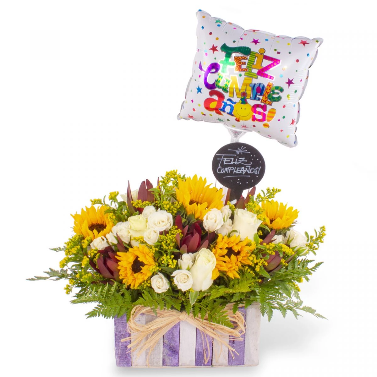 Foto principal Maravilloso Cumpleaños - Arreglo floral de cumpleaños en base rectangular lila con girasoles, rosas, minirosas y leucadendros