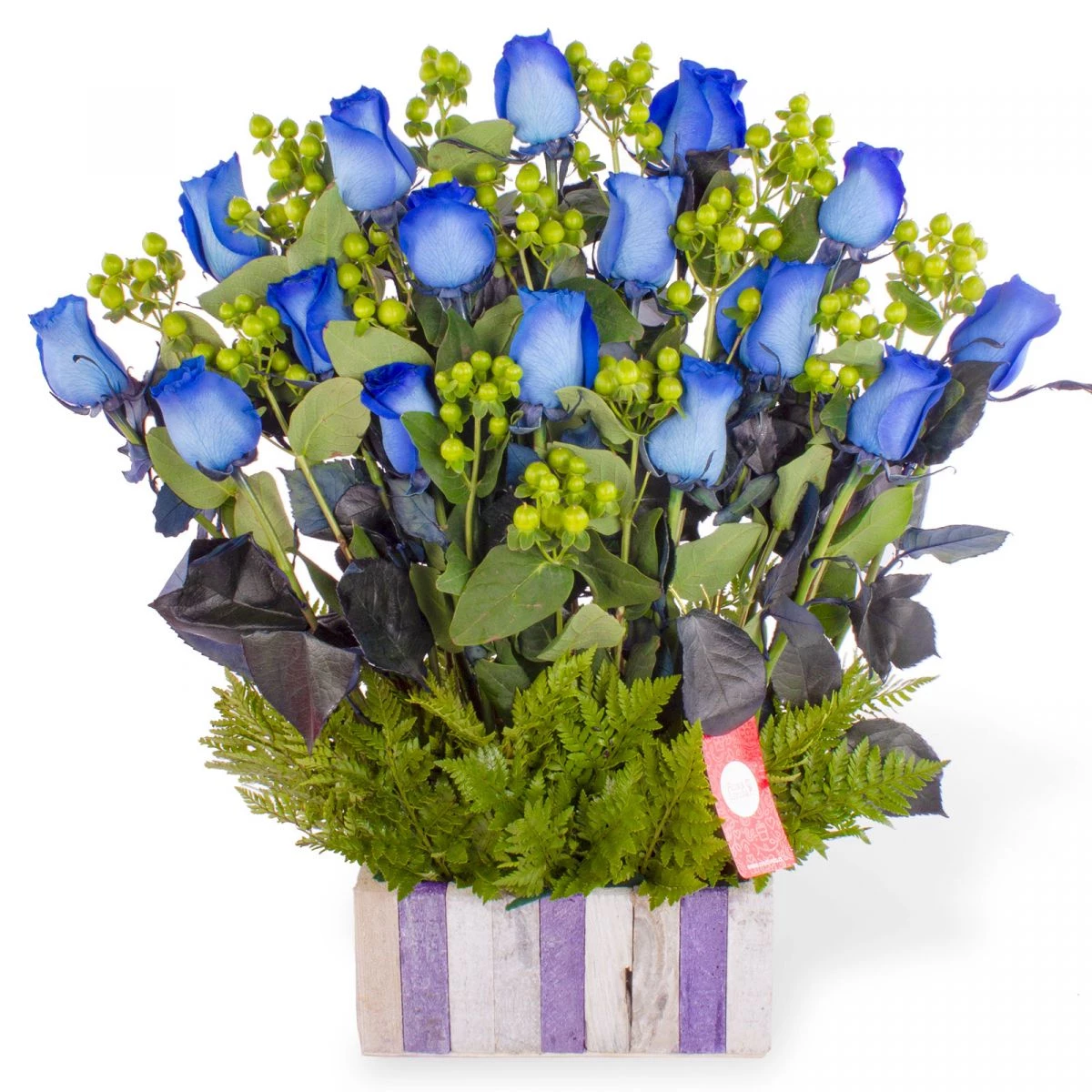 Foto principal Jardín de Rosas Azules - Arreglo floral con 16 rosas azules e hypericum verde