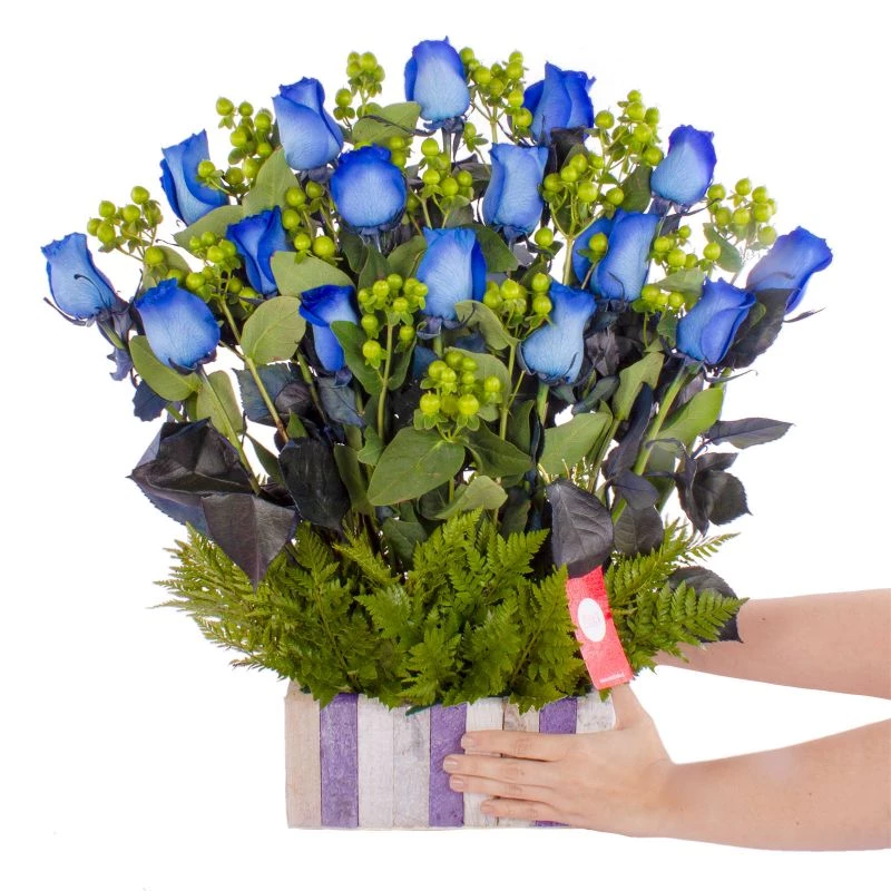 Foto 2 Jardín de Rosas Azules - Arreglo floral con 16 rosas azules e hypericum verde