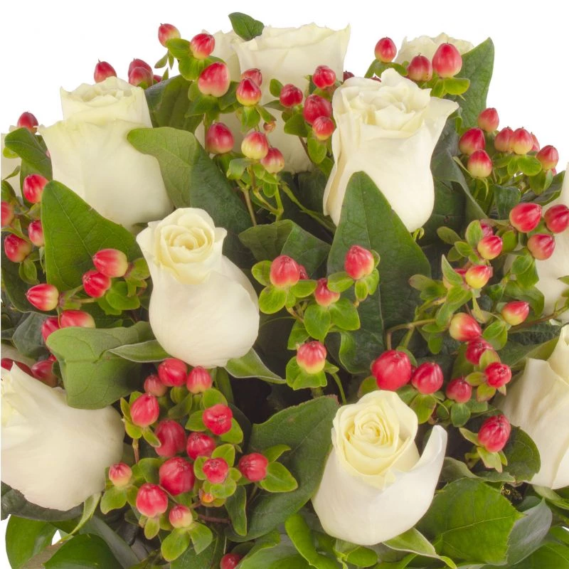 Foto 5 Tú y Yo blanco - Arreglo floral con rosas blancas e hypericum rojo