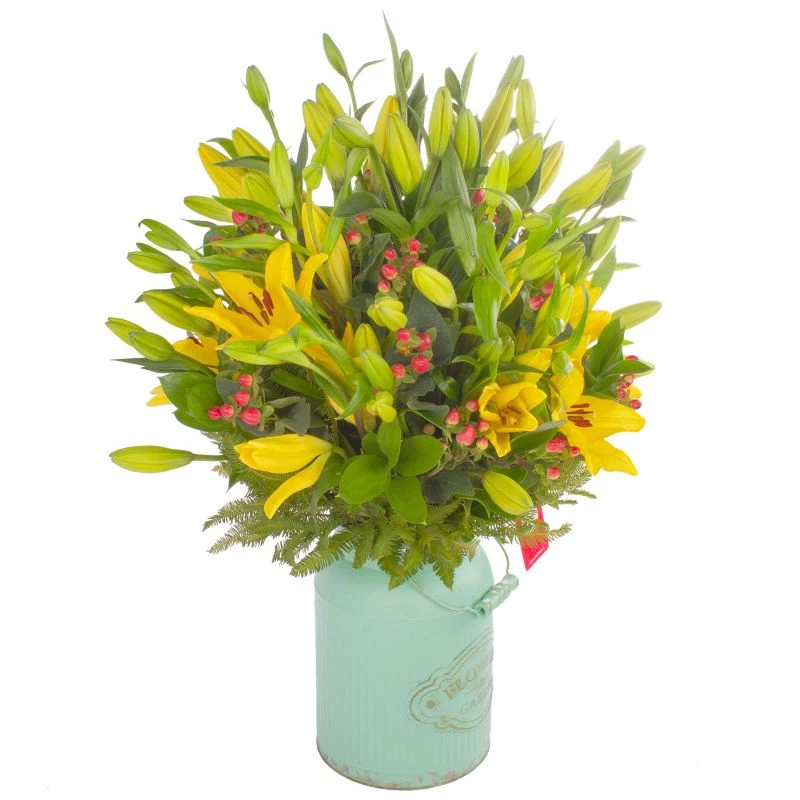 Foto 3 Sienna Amarillo - Arreglo floral con liliums amarillos e hypericum rojo