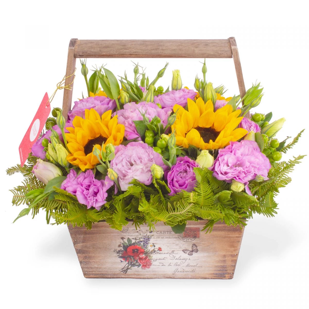 Foto principal Cristina Lila - Arreglo floral en canasto de madera con girasoles, lisianthus lilas e hypericum