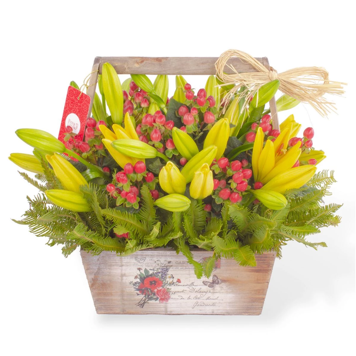 Foto principal Gabriela Amarillo - Arreglo floral en canasto de madera con liliums amarillos e hypericum