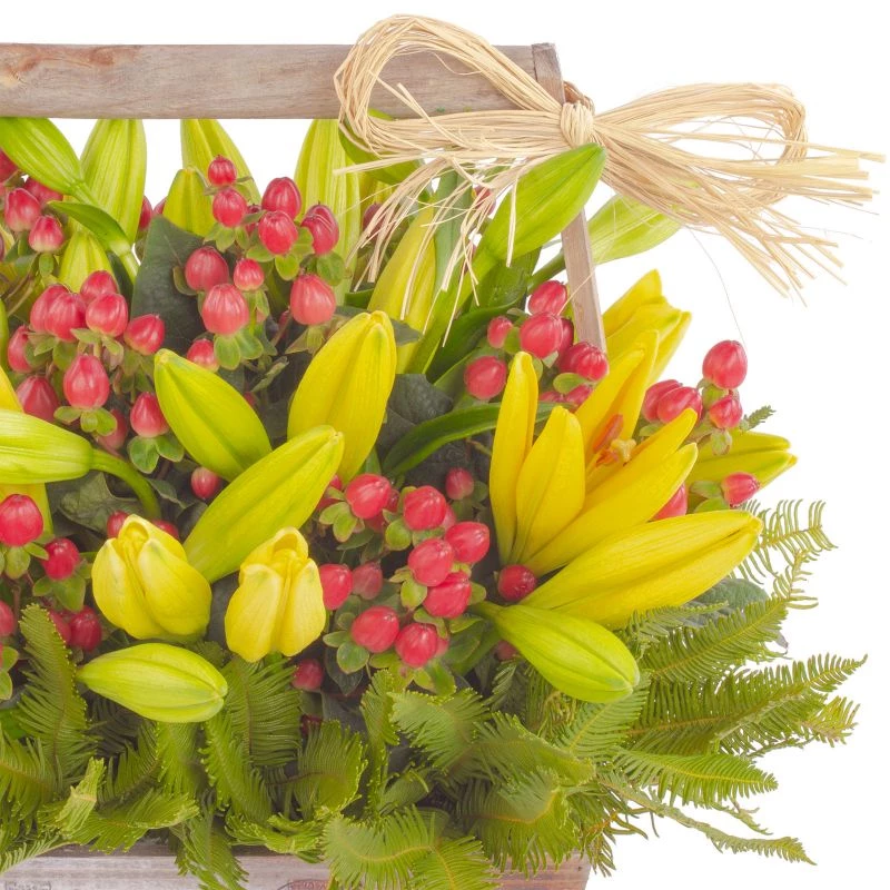 Foto 5 Gabriela Amarillo - Arreglo floral en canasto de madera con liliums amarillos e hypericum