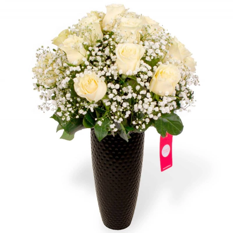 María Rosas Blanco en cerámica - Arreglo floral con 18 rosas blancas y gypsophila