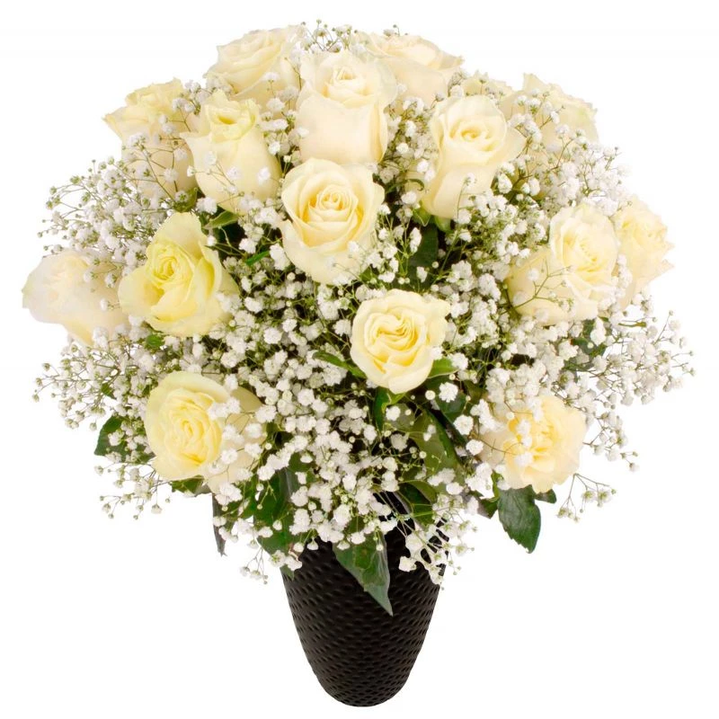 Foto 4 María Rosas Blanco en cerámica - Arreglo floral con 18 rosas blancas y gypsophila