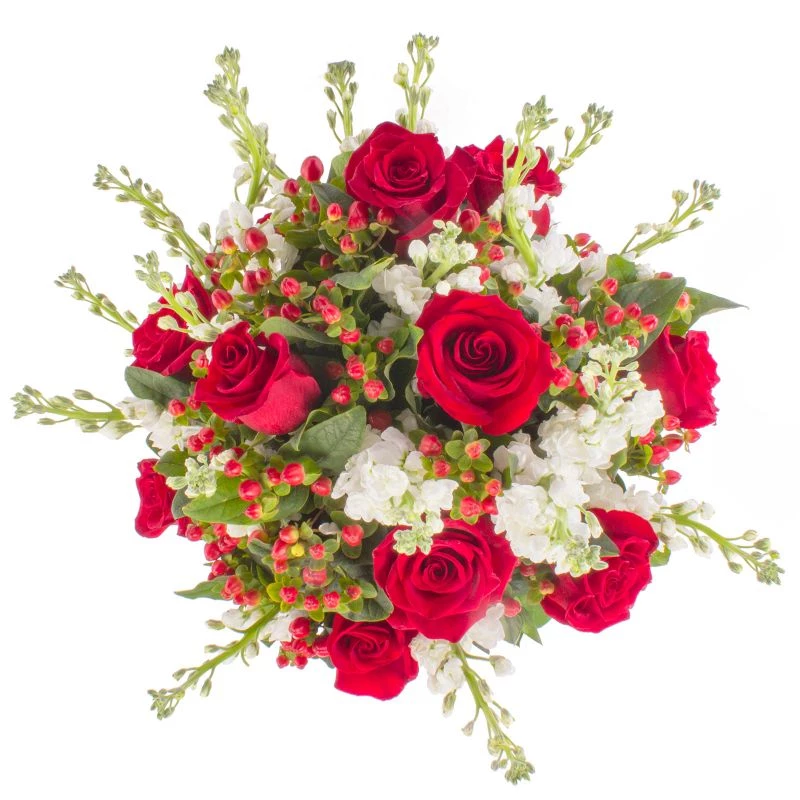 Foto 4 Paula Rojo - Arreglo floral con rosas rojas, alelíes blancos e hypericum